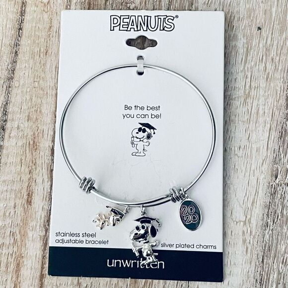 NWT Peanuts Silver Graduation Adjustable Charms Bangle Bracelet Silver Plated - Picture 1 of 12
